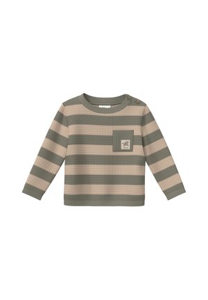 Zielono-beżowy pasiasty sweter z długim rękawem dla dzieci, dzianinowy, z małą kieszenią na piersi i guzikami na ramieniu.