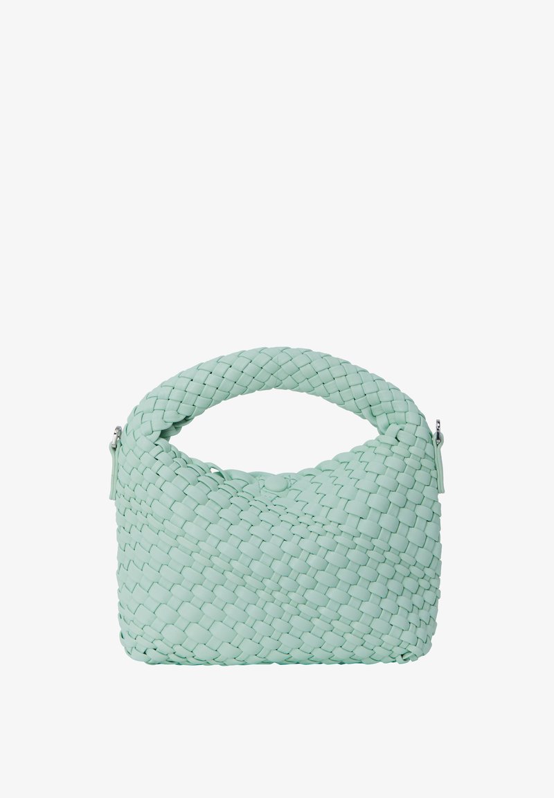 Vaaleanvihreä kudottu käsilaukku, jossa on pyöreä yläpäällinen, teksturoitu pinta ja vetoketjukiinnitys yhdellä sivulla. Kompakti ja rakenteellinen muotoilu.