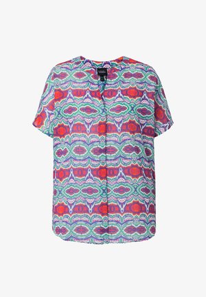 Kurzärmelige Bluse mit lebendigem geometrischem Muster in Rot, Grün, Lila und Weiß, mit kragenlosem Ausschnitt und leichtem Stoff.