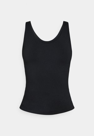 Black sleeveless fitted tank top with scoop neckline and slightly flared hem displayed on white background.