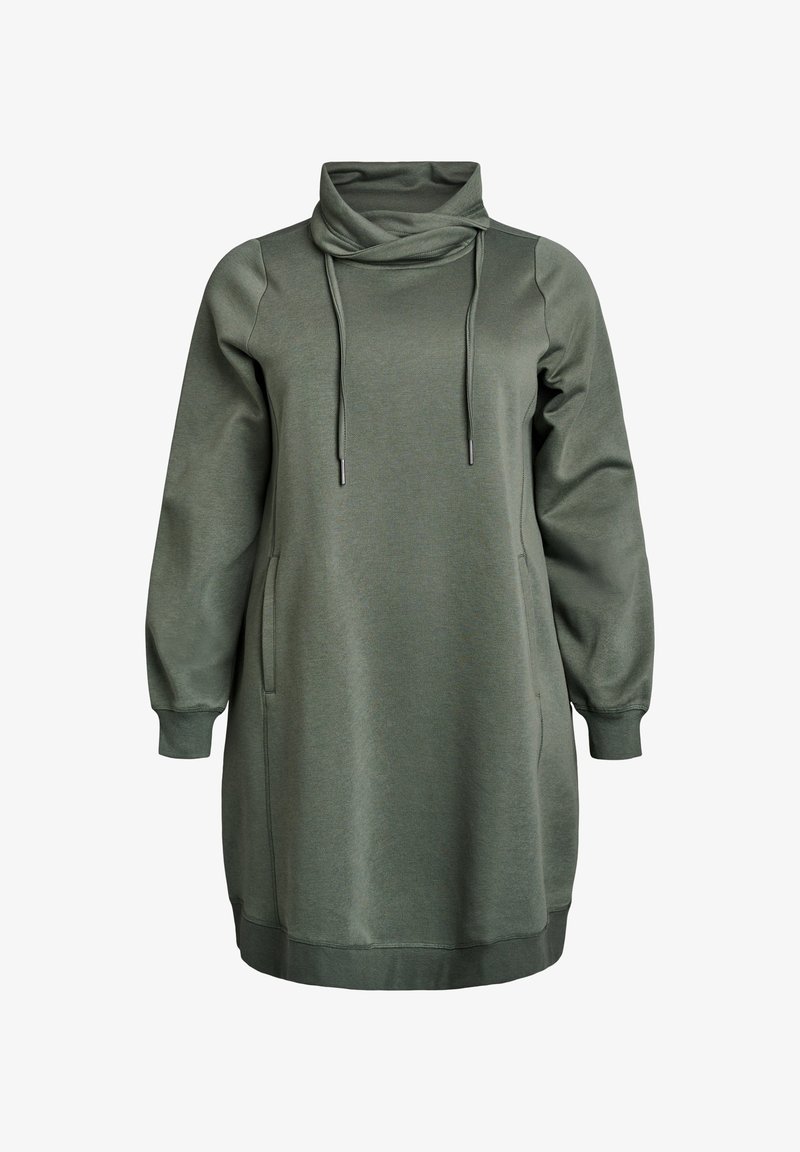 Groene sweatshirtjurk met een kolenhals, lange mouwen, twee zijzakken en geribde manchetten. Gemaakt van zachte, textuurstof.