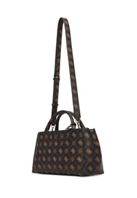 Sac à main synthétique noir avec motif orné marron, doubles poignées et bandoulière ajustable. Présente une forme structurée et une surface texturée.