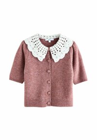 Korte mouwen cardigan in zachtroze breiwerk met een witte gekante scalloped kraag en zes bijpassende knopen aan de voorkant.