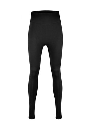 Black leggings featuring a high waistband, made from stretchy fabric with a smooth, matte texture. Full-length design without patterns or accents.