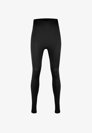 Czarne legginsy z wysokim stanem, wykonane z elastycznego materiału o gładkiej, matowej fakturze. Pełna długość, bez wzorów czy zdobień.