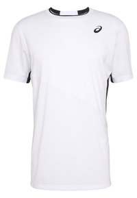 Kurze Ärmel Sport-T-Shirt in Weiß, mit einem schwarzen Netzkragen und seitlichen Akzenten, aus atmungsaktivem Material mit strukturierter Oberfläche.