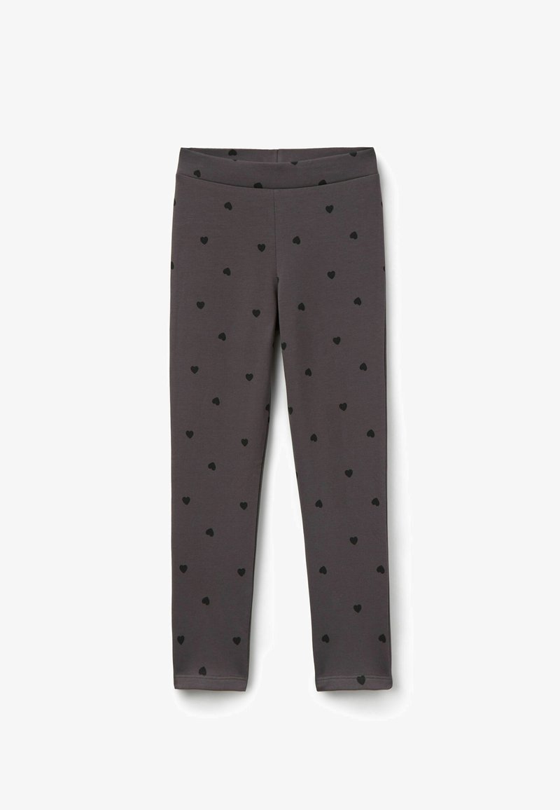 Szare legginsy wykonane z miękkiego materiału, z wzorem małych czarnych serc równomiernie rozmieszczonych na powierzchni. Elastyczny pas.
