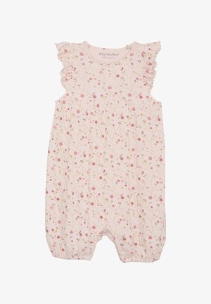 Pantalón corto floral rosa con hombros con volantes, con una tela texturizada y cierres a presión en la parte inferior. Tallas indicadas en la etiqueta.