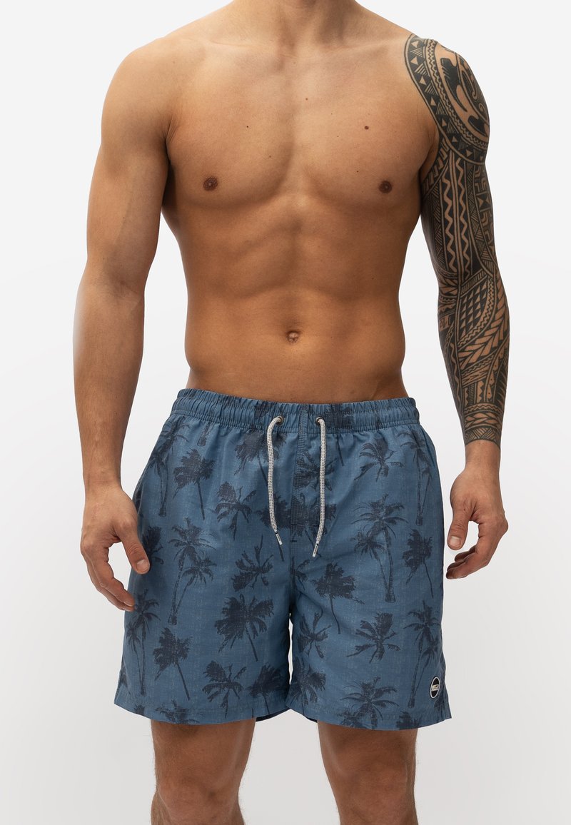 Blauwe zwemshorts met een palmbomentpatroon, gemaakt van lichtgewicht materiaal, met een elastische tailleband en een trekkoord voor aanpassing.