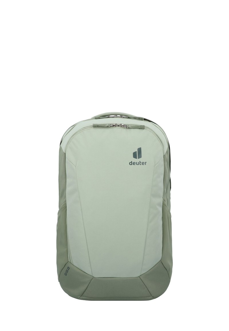 Hellgrüner Rucksack mit schlankem Design, aus robustem Stoff gefertigt. Verfügt über ein mit Reißverschluss verschlossenes Hauptfach und ein Logo auf der Vorderseite.