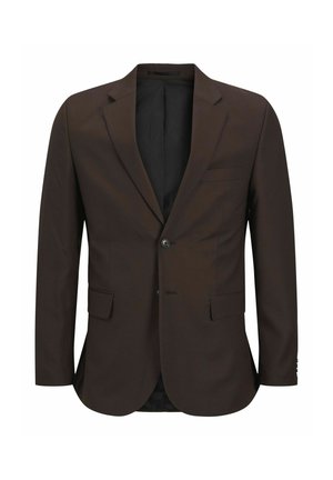 Brauner Blazer mit Reverskragen, Ein-Knopf-Verschluss, zwei Vorderaschen und einem schlanken Design. Hergestellt aus strukturiertem Stoff.