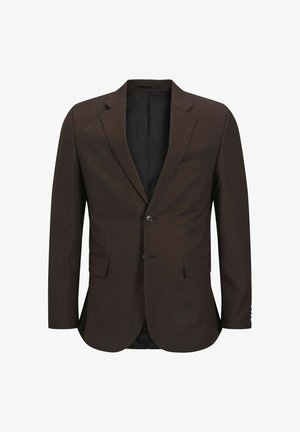 Brauner Blazer mit Reverskragen, Ein-Knopf-Verschluss, zwei Vorderaschen und einem schlanken Design. Hergestellt aus strukturiertem Stoff.