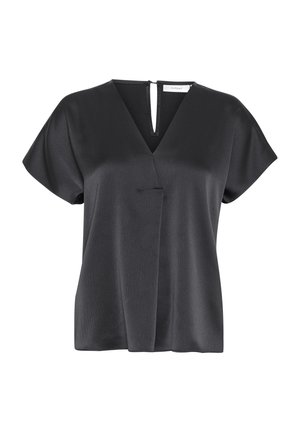 Čierna blúzka s krátkym rukávom a výstrihom do V, textúrovaná tkanina, predné prekrytie a otvor v tvare kľúča na zadnom výstrihu.