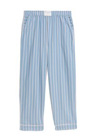 Ljust blå randiga pyjamasbyxor med elastisk midja och vita kantband vid fållarna, tillverkade av ett mjukt material.