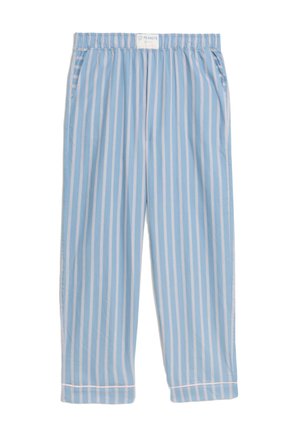 Pantaloni del pigiama a righe blu chiaro con elastico in vita e piping bianco alle caviglie, realizzati in un tessuto morbido.
