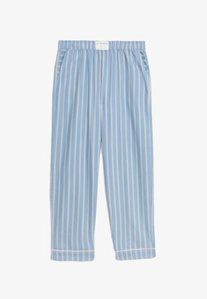 Light blue striped pajama pants with an elastic waistband and white piping at the cuffs, made from a smooth fabric.