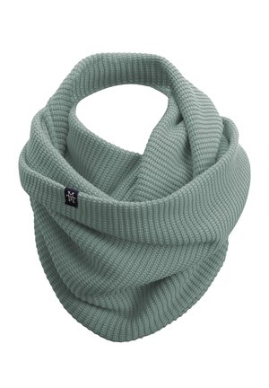 Soft mint green knitted infinity scarf with ribbed texture and a small black logo label. Features a circular shape for easy wear.