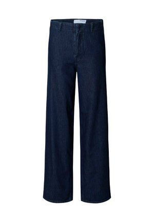 Pantalons en denim bleu foncé à jambe courte avec une finition texturée, dotés d'une taille classique, de poches avant et d'une coupe droite jusqu'à l'ourlet.