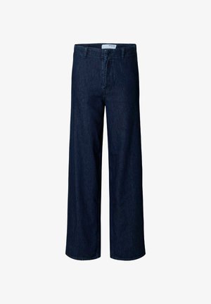 Bredde ben mørkeblå denimbukser med en struktureret finish, der har et klassisk taljebånd, forlommer og en lige skæring til kanten.