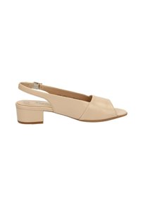 Chaussure beige à bout ouvert avec bride arrière, en cuir lisse, dotée d'un talon carré et d'une fermeture à boucle sur la sangle du talon.