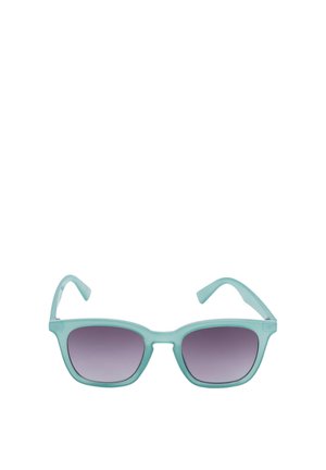 Helehallide raamidega päikeseprillid, millel on ristkülikukujulised lilla gradienttooniga läätsed, paigutatud valge tausta keskele.