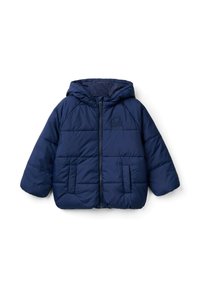 Giacca puffer blu navy con chiusura a zip e cappuccio. Presenta una texture trapuntata, due tasche frontali e un discreto dettaglio del logo sul petto.