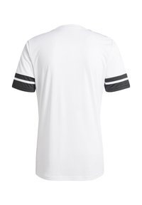 White short-sleeve t-shirt with black sleeves featuring two white stripes; made of smooth fabric, round neck, and a straight hem.