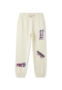 Kremowe dresy z elastycznym pasem, z nadrukowanymi grafikami takimi jak "NAJLEPSI", "PRZYJACIELE" i "ZESTAWENAI", w różnych kolorach.