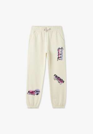Pantaloni della tuta color crema con vita elastica, caratterizzati da grafica stampata come "BEST", "FRIENDS" e "AWESOME" in vari colori.