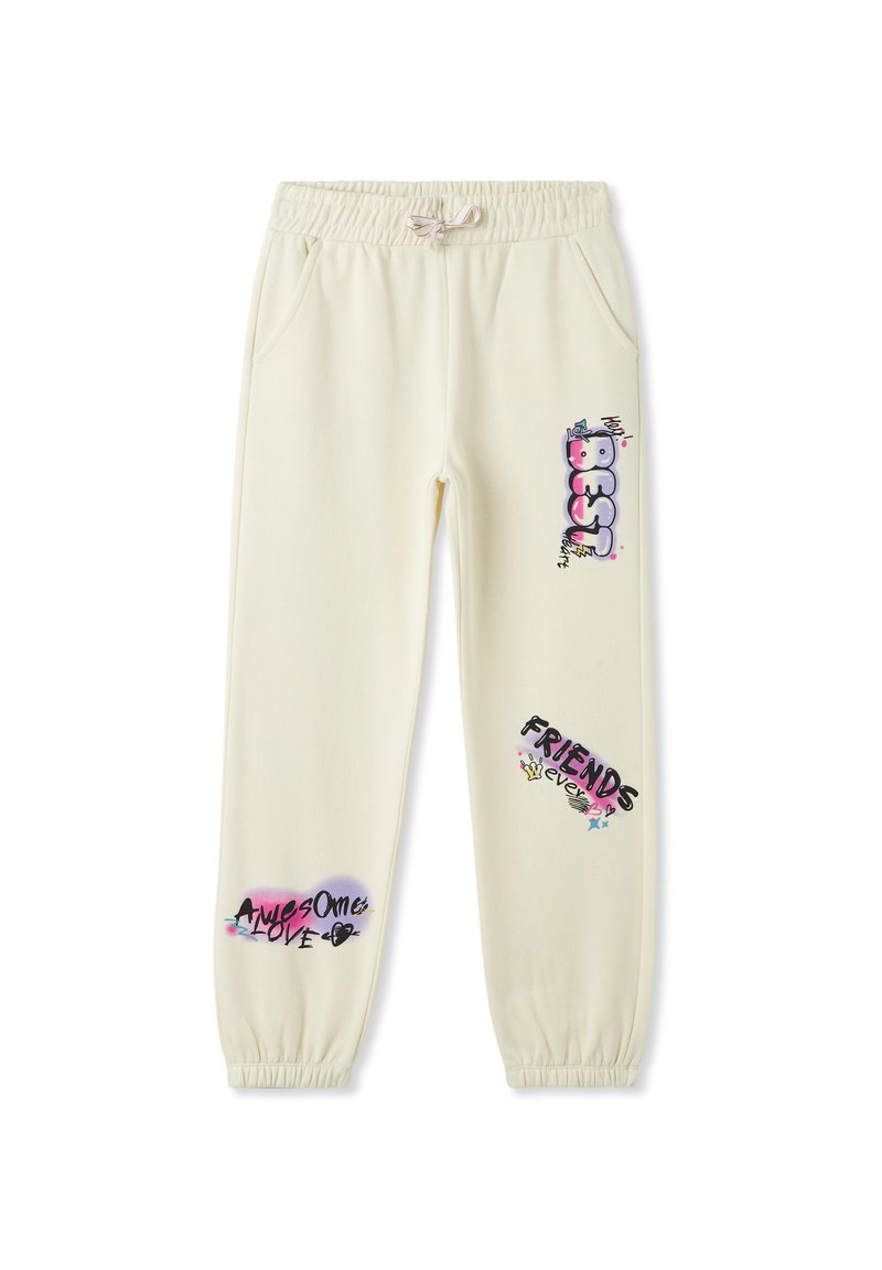 Kremowe dresy z elastycznym pasem, z nadrukowanymi grafikami takimi jak "NAJLEPSI", "PRZYJACIELE" i "ZESTAWENAI", w różnych kolorach.