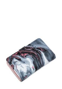 Marbled wallet with grey, black, and pink patterns. Made of textured leather, featuring a smooth finish and a flap closure.