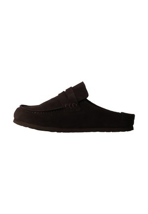 Dark brown suede slip-on mule with low backing, stitched detailing, and flat sole for casual wear.