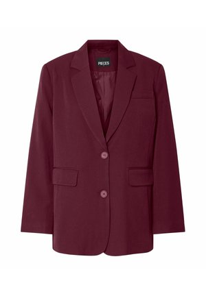 Bordeauxfärgad blazer med snitt lapel, två framfickor, två knappar och en slät textur. Märkesskylt "PIECES" synlig på insidan.