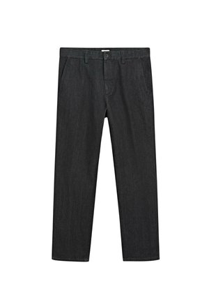 Ciemnoszare spodnie dżinsowe o prostym kroju, z zapięciem na guziki z przodu, szlufkami na pasek oraz bocznymi kieszeniami. Gładka tekstura i jednolity kolor.