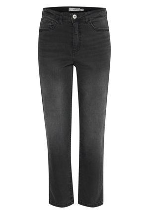 Jean en denim noir avec une coupe droite, dotés d'une fermeture à bouton, de passants de ceinture et d'un léger délavage sur le tissu.