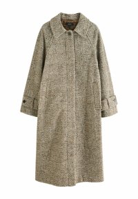 Pruun houndstooth mustriga mantel, millel on krae ja nööpide sulgemine. Omab kahte küljetaskut ja pehmet, tekstuurset kangast. Poolpikk disain.