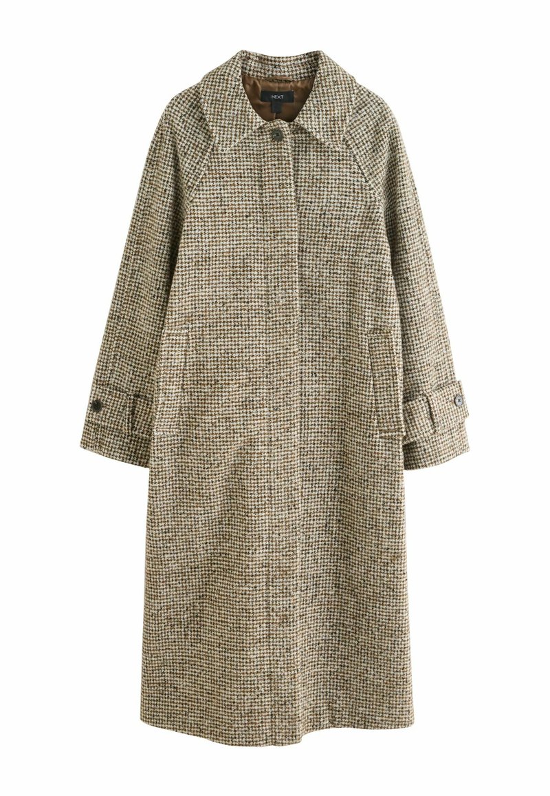 Pruun houndstooth mustriga mantel, millel on krae ja nööpide sulgemine. Omab kahte küljetaskut ja pehmet, tekstuurset kangast. Poolpikk disain.