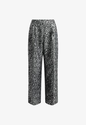 Leopardprintbroek in zwart en grijs met een hoge taille, plooien aan de voorkant en een wijde pijpdesign, gemaakt van een soepele stof.