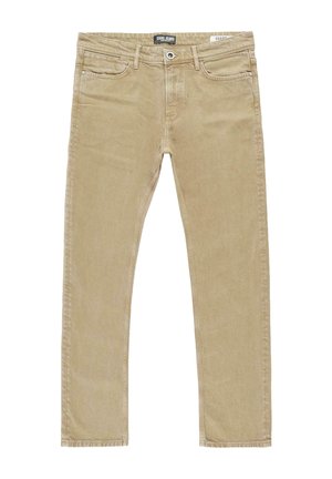 Beige katoenen jeans met een rechte pijp, vijf zakken, riemlussen en zilveren knoopsluiting. Licht versleten textuur, geen patronen.