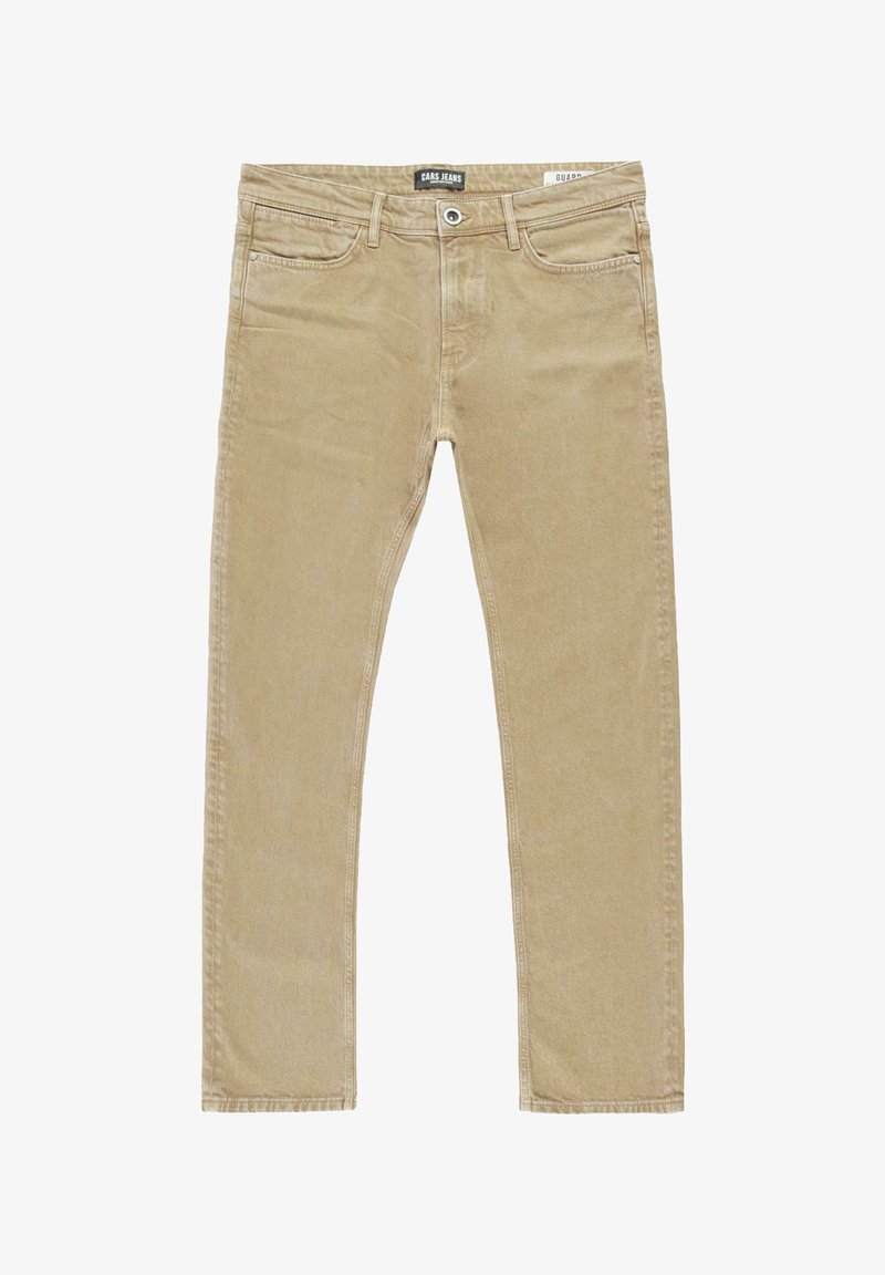 Beige katoenen jeans met een rechte pijp, vijf zakken, riemlussen en zilveren knoopsluiting. Licht versleten textuur, geen patronen.