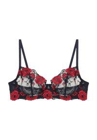 Svart spetsbehå med röd blommönstring, genomskinliga kupor och justerbara axelband. Designen har ett fint, detaljerat blommönster.