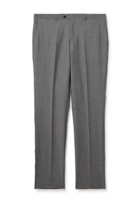 Grijze op maat gemaakte broek met een rechte snit, met knoopsluiting, twee voorzakken en een gestructureerde stof. Geen zichtbaar patroon.