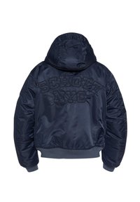 Donkerblauwe nylon pufferjas met een capuchon, met verhoogde borduring "SCHOTT NYC" op de achterkant, elastische manchetten en tailleband.