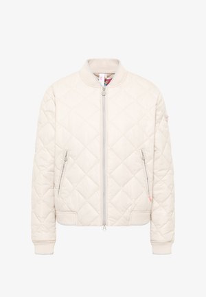 Crèmekleurig gewatteerd jasje met een ritssluiting aan de voorkant, twee ritssluitzakken, geribbelde manchetten en een kraagloze halslijn.