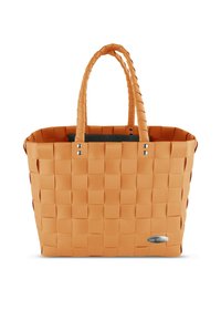 Orange geflochtene Tote-Bag aus strapazierfähigem Material, ausgestattet mit zwei Griffen, silbernen Hardware-Details und offenem Oberteil. Strukturiertes Muster im gesamten Design.