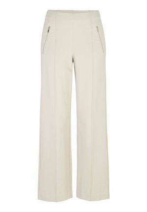 Roomy crèmekleurige broek met rechte pijpen, voorzien van verticale naden aan de voorkant en zilverkleurige ritstassen aan beide zijden.