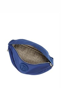 Blå nylon axelväska med rundad form, med dragkedjestängning och logotypdetalj. Interiör fodrad med mönstrat tyg.