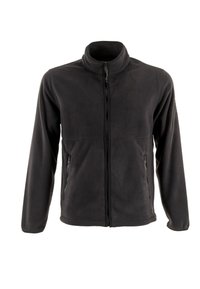 Chaqueta de forro polar para hombre en gris oscuro. Cierre de cremallera completo, cuello alzado, dos bolsillos laterales con cremallera, textura suave y un diseño ajustado.