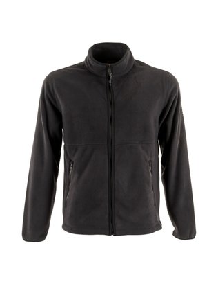 Giacca in pile da uomo grigio scuro. Zip intera, colletto alto, due tasche laterali con zip, texture morbida e design aderente.