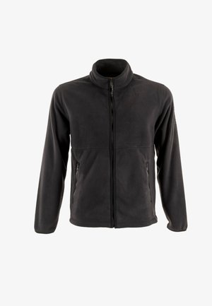 Chaqueta de forro polar para hombre en gris oscuro. Cierre de cremallera completo, cuello alzado, dos bolsillos laterales con cremallera, textura suave y un diseño ajustado.